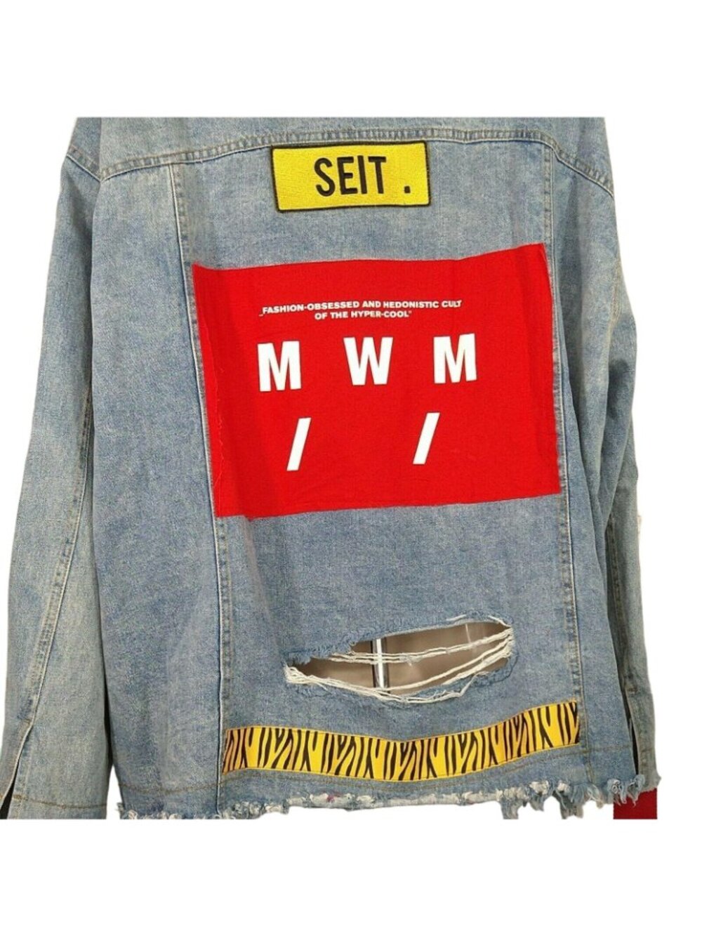 Mod Wave Movement Denim Jean Jacket Button Up Men Size XL Ripped Destroyed - Picture 9 of 12